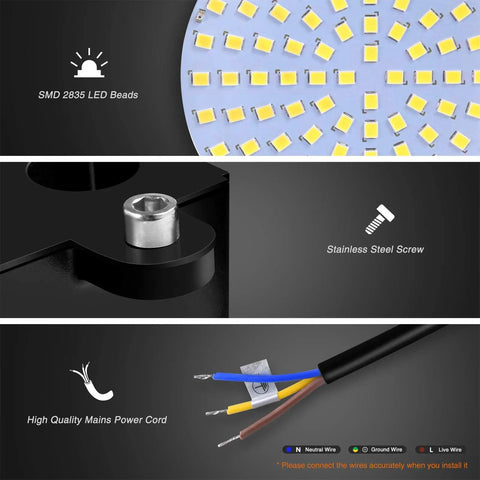Close-up of SMD 2835 LED beads, stainless steel screw, and mains power cord of Two Pack 100W LED Barn Light With Dusk To Dawn Sensor.