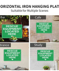 Green sign reading 'Rescue Equipment Located Here' displayed in bar, cafe, entrance, and study settings.