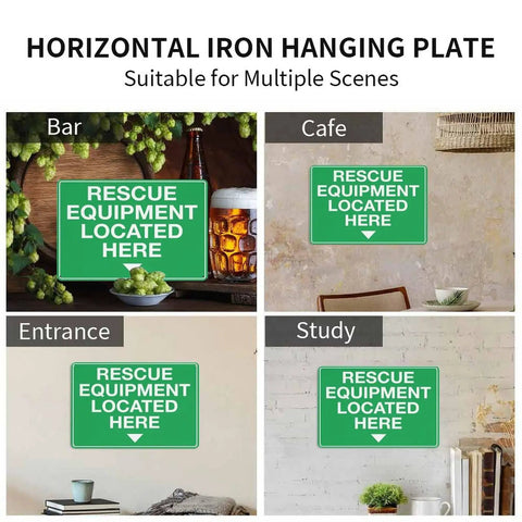 Green sign reading 'Rescue Equipment Located Here' displayed in bar, cafe, entrance, and study settings.