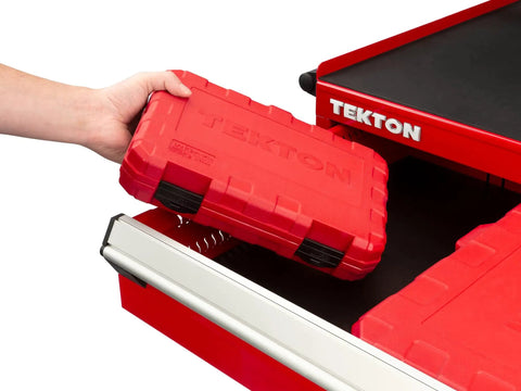 Half Inch Drive Hex Impact Socket Set, 24 Piece With Case, shown in hand from tool drawer for auto work and repairs.