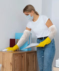 White Disposable Arm Sleeves 18 Inch 1000 Pack Waterproof 1.5 Mil PE Sleeve Covers Unisex Work Arm Protectors For Painting Cleaning Food Prep Pro Grade Industrial Tasks on woman cleaning
