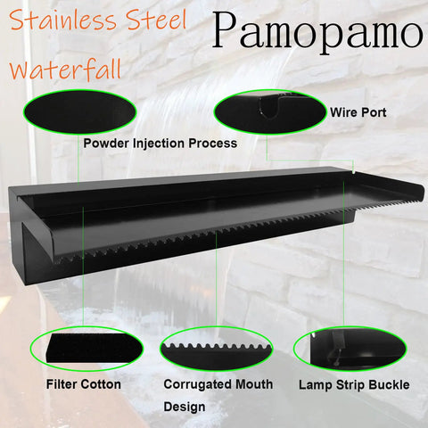 Pond Waterfall Spillway Pool Fountain Water Feature in Black Stainless Steel, outdoor garden kit, easy install, close-up view