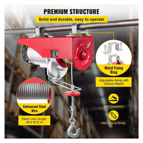 Heavy Duty 800 Kg Electric Chain Hoist Winch With Remote Control For Forklifts Warehouses And Building Sites Plus High Power 1450 Watt Motor showing galvanized steel wire and metal fixing ring.