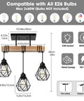 Rustic Farmhouse Pendant Light Fixtures Featuring Real Solid Wood And Sleek Black Metal Shades with dimensions and bulb compatibility.