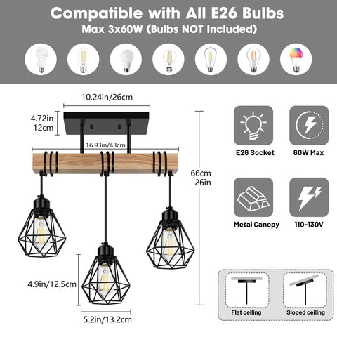 Rustic Farmhouse Pendant Light Fixtures Featuring Real Solid Wood And Sleek Black Metal Shades with dimensions and bulb compatibility.