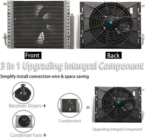 Universal 12V Under Dash Air Conditioner With Snappy Chill And Cozy Heat 10000 BTU, showing front and back with fan and condenser.