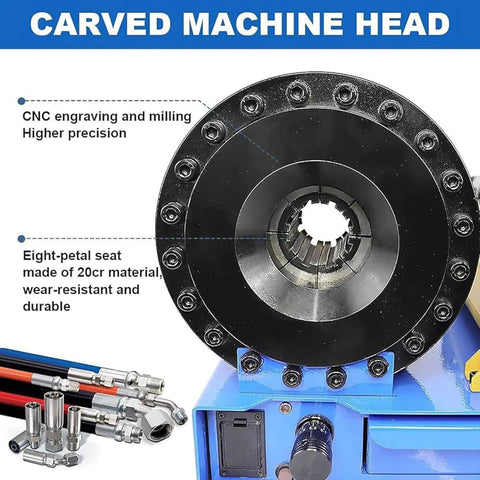 Heavy Duty Manual Hydraulic Hose Crimper With Seven Precision Dies, detailed carved machine head with eight-petal seat and CNC precision.