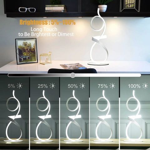21.6 Inch Modern Knight Design Table Lamp With Remote showing dimmable brightness levels, on white desk with decor pieces.