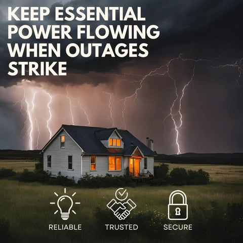 House during stormy weather, illustrating reliable backup with EmerGen Backup Power Manual Transfer Switch Kit 30 Amp 6 Circuit 7500 Watt.