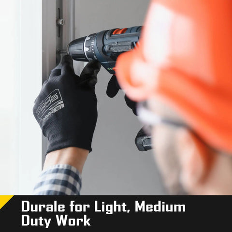 Person using a power drill wearing 12 By 60 Pair Pack Safety Work Gloves With Grip PU Coating, black, abrasion resistant.