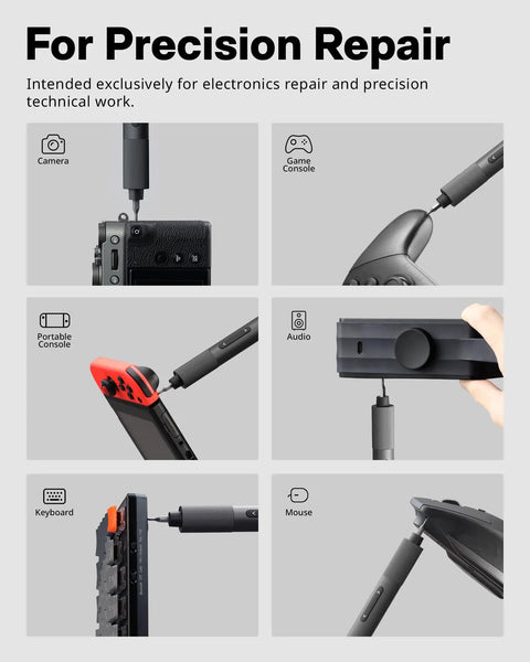 Six images demonstrating the Dope 25 In 1 Mini Electric Screwdriver Set With USB C Rechargeable Power repairing various electronics.