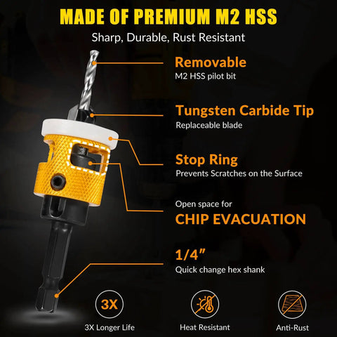 Woodworking Countersink Drill Bit Set With Low Friction Depth Stop Includes 1/8 In, 9/64 In, 5/32 In Drill Bits And 3/8 In 82 Degree Counterbores Plus 11/64 In, 3/16 In Drill Bits With 1/2 In 82 Degree Counterbores 1/4 In Hex Shank In Storage Box with tungsten carbide tip and stop ring