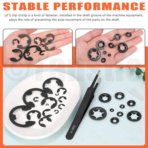 Top-down view of 260-piece internal-tooth star lock washers set with E-clip washers and tweezers on a white tray