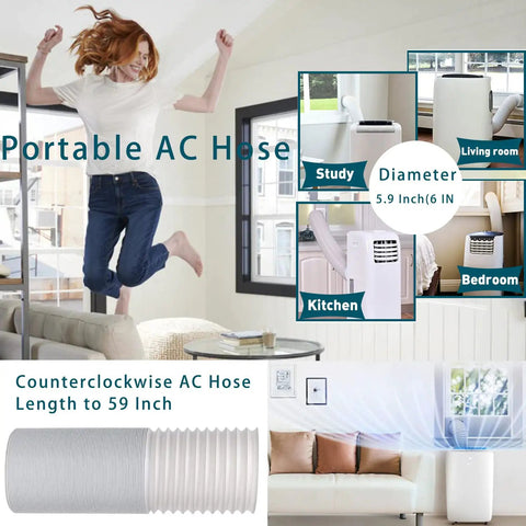 Sturdy 5.9 Inch Portable AC Exhaust Hose with steel ring, thick polypropylene, shown in various home settings, 59 Inch length