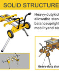 Heavy Duty Yet Featherweight Portable Table Saw Stand Designed For Smooth Rollin Shop Mobility Includes Quick Attach Miter Bracket And Zero Hassle Fast Fold Assembly with solid structure and kickstand.