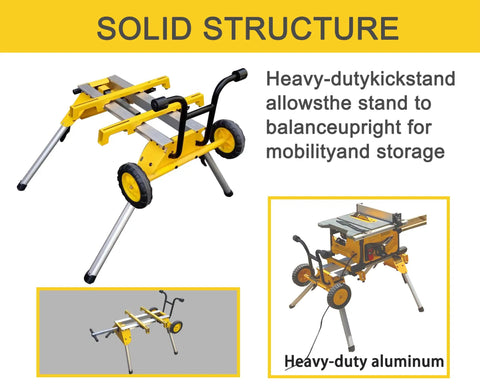 Heavy Duty Yet Featherweight Portable Table Saw Stand Designed For Smooth Rollin Shop Mobility Includes Quick Attach Miter Bracket And Zero Hassle Fast Fold Assembly with solid structure and kickstand.