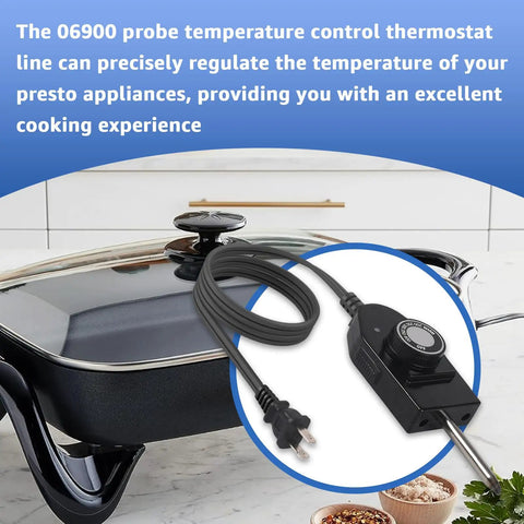 Probe Temperature Control Cord Plug And Play For Electric Skillets Griddles And Grills With 1 3 8 Inch Terminal Spacing Thermostat Heat Control 125V 10A Replacement Cable shown with electric skillet.