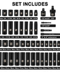 Beefy Heavy Duty 49 Piece Three Eighths Inch Drive Impact Socket Set With Deep And Shallow Sockets including sizes and extensions.