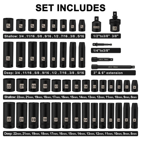 Beefy Heavy Duty 49 Piece Three Eighths Inch Drive Impact Socket Set With Deep And Shallow Sockets including sizes and extensions.