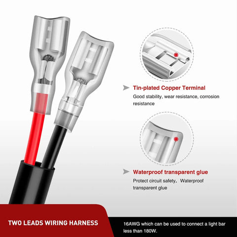 Badass Heavy Duty 2 Pack 16 Awg 10 Ft Wiring Harness Extension Kit For Led Work Light Bars And Pods Off Road Truck Rig Setup No Mess Easy Install Black, showcasing tin-plated copper terminals.