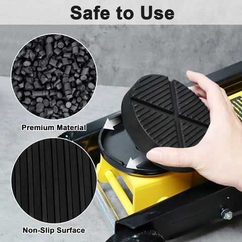 Floor jack rubber pad; round black cushion with ribbed non-slip top protects pinch welds.