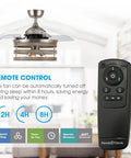 Retractable 36 Inch Ceiling Fan With Lights And Remote In Brushed Nickel, shown with remote control and settings display.
