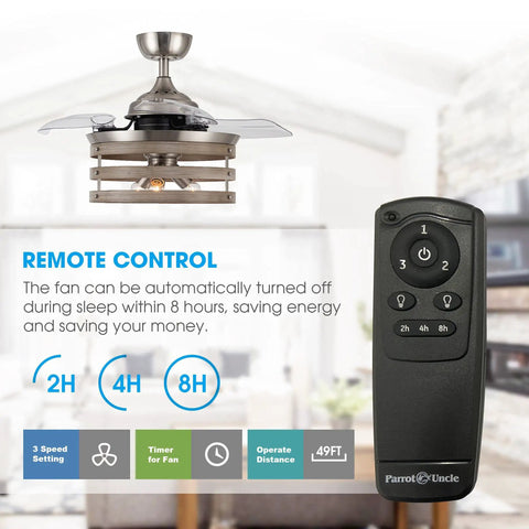 Retractable 36 Inch Ceiling Fan With Lights And Remote In Brushed Nickel, shown with remote control and settings display.