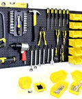 36 Pack Pegboard Bin Kit With 18 Medium And 18 Large Yellow Bins For Garage Workshop Craft Room Office And Workbench Organization All In One Durable Pegboard Storage Bins And Parts Organizer Accessories Made In USA, mounted on pegboard with tools displayed.