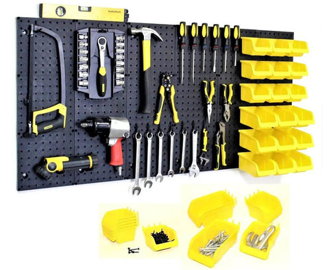 36 Pack Pegboard Bin Kit With 18 Medium And 18 Large Yellow Bins For Garage Workshop Craft Room Office And Workbench Organization All In One Durable Pegboard Storage Bins And Parts Organizer Accessories Made In USA, mounted on pegboard with tools displayed.