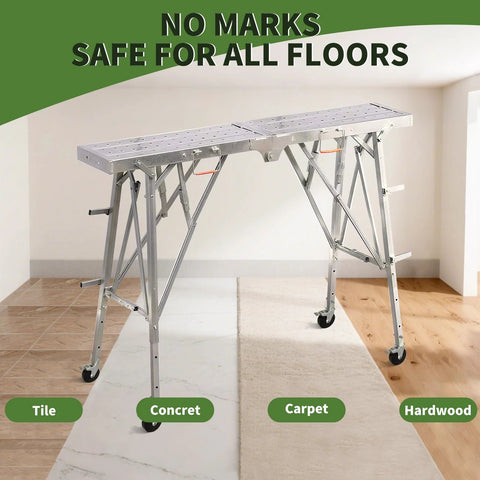 Aluminum scaffolding platform with black wheels on various flooring types, including tile and hardwood, in bright room.