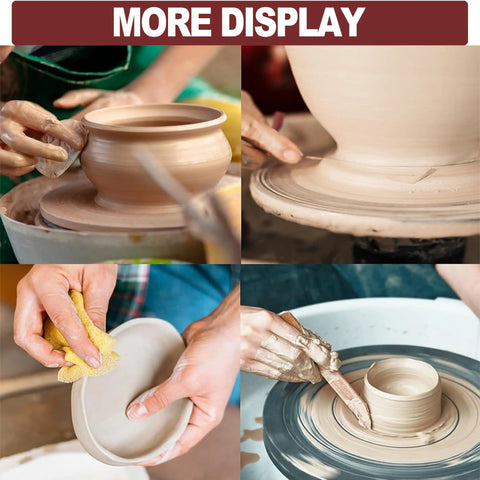 Close-up of pottery wheel in use with 8 Piece Clay Sculpting Tools Set For Polymer Clay Air Dry Clay And Pottery, hands shaping clay.