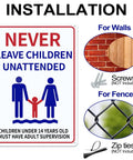 Two Pack Aluminum Pool Safety Signs 10 By 14 Inches Outdoor Decor No Lifeguard On Duty Swim At Your Own Risk Never Leave Children Unattended Weatherproof Durable Pool Sign Set showing installation options for walls and fences.