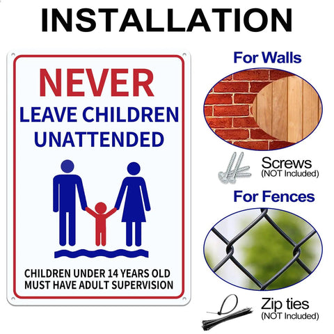 Two Pack Aluminum Pool Safety Signs 10 By 14 Inches Outdoor Decor No Lifeguard On Duty Swim At Your Own Risk Never Leave Children Unattended Weatherproof Durable Pool Sign Set showing installation options for walls and fences.