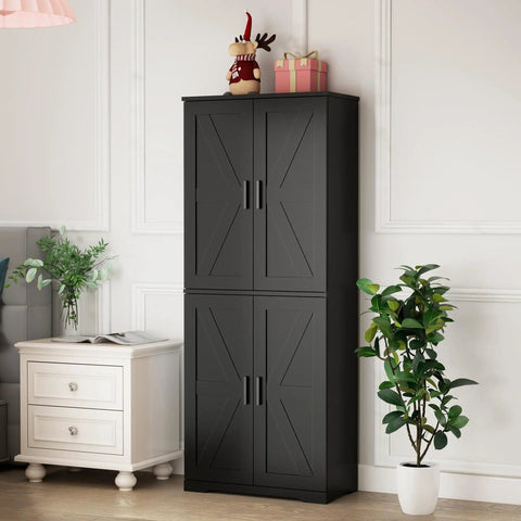 Boss Black Wood Storage Cabinet With Four Doors And Adjustable Shelves For Kitchen Pantry Organization In Dining Room Living Room And Bathroom