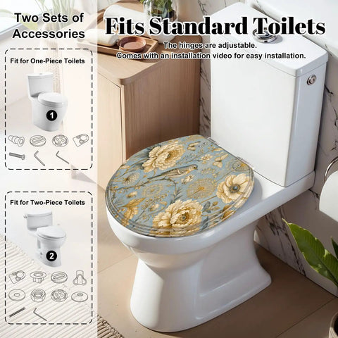 Round Luxury ornate for creating textiles paper Print gold Toilet Seat on standard toilet with floral design.