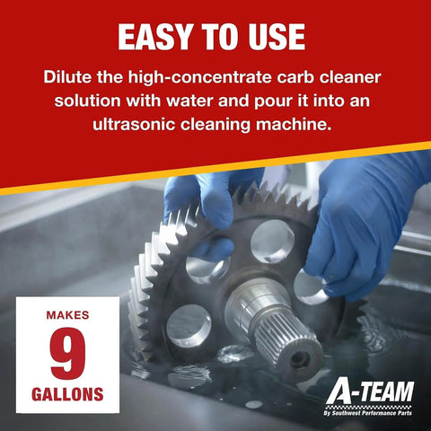 Top Shelf Ultrasonic Cleaner Solution One Gallon Concentrate for carburetor cleaning in an ultrasonic machine with gear.