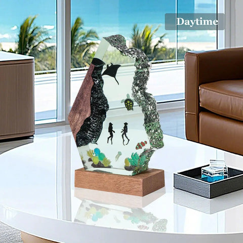 Scuba Diver Ocean Resin Lamp With Multicolor LED Night Light, USB powered 3D ocean scene on wood base, daytime view