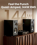 Powerful 144W 3-Way Powered Bookshelf Speakers With Sub Out For Desktop Studio Use, Hi-Res Audio, shown on a shelf.
