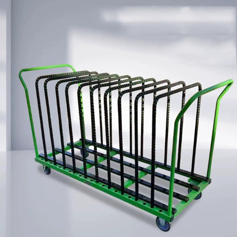 Heavy Duty Material Handling Cart And Industrial Storage Trolley For Sheet Metal stacked with cut sheets on a green steel dolly