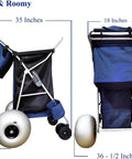 Beach Cart With Balloon Wheels, Heavy Duty Steel Wagon That Rolls Smoothly Over Sand, side and front view with size details