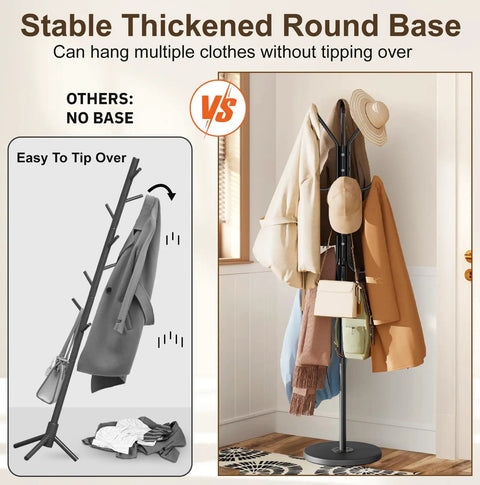 Heavy Duty Freestanding Coat Rack With Stable Wood Base And Metal Frame, 12 Hooks For Jackets Hats Bags shown in entryway