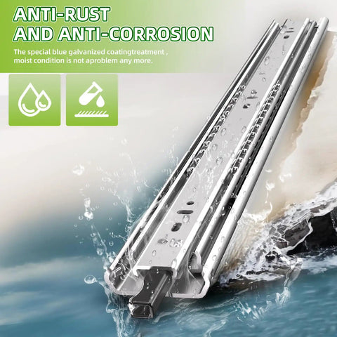 Beefy Heavy Duty Locking Drawer Slides 1 Pair 12 To 40 Inch Full Extension Ball Bearing Rails shown in anti-rust setting
