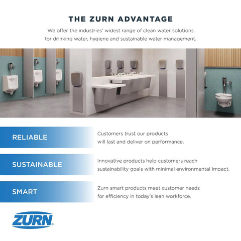 Zurn restroom display with 1.6 GPF Top Mount Exposed Sensor Flush Valve For Water Closet With Gear-Driven Ceramic Cartridge, Hydropower, AV Diaphragm, HydroX Power Technology Delivers Renewable, Low-Maintenance Performance.
