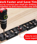 Pro Grade All Metal Shelf Pin Jig being used with a drill for 1/4 inch and 5 mm straight holes on a wooden board.