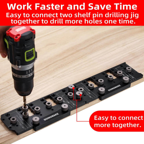 Pro Grade All Metal Shelf Pin Jig being used with a drill for 1/4 inch and 5 mm straight holes on a wooden board.