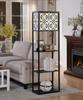Floor Lamp With Shelves And Storage Corner Tower Bookshelf Style Light For Bedroom And Living Room Black Finish With Integrated Nightstand Table And Ample Storage Space For Books Decor And Essentials in living room next to sofa