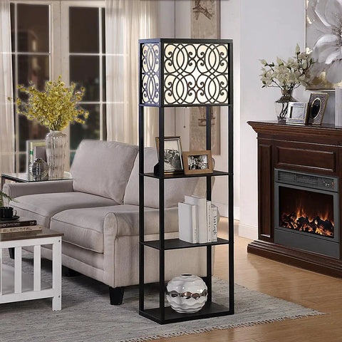 Floor Lamp With Shelves And Storage Corner Tower Bookshelf Style Light For Bedroom And Living Room Black Finish With Integrated Nightstand Table And Ample Storage Space For Books Decor And Essentials in living room next to sofa