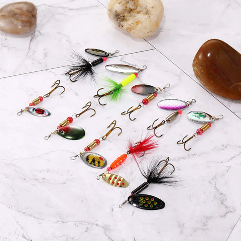 40 Piece Hard Metal Spinner Lure Kit With Tackle Boxes For Bass Pike Walleye Trout Salmon Colorful Spoon Baits For Freshwater Fishing Multipack Lure Set displayed on marble surface.