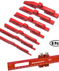 Eight Piece 6061 T651 Aluminum Table Setup Blocks For Woodworking With Height Depth Angle And Fence Alignment Gauges CNC Precision 0.001 Inch Laser Marked Durable Storage Case displayed with measurement marks on each block.