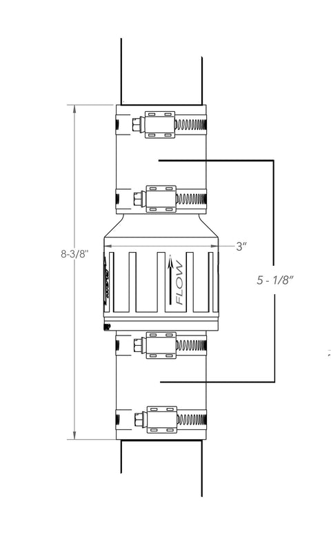 Front view diagram of PumpSpy CV-150 1-1/2 in silent check valve with Buna-N couplings and steel clamps
